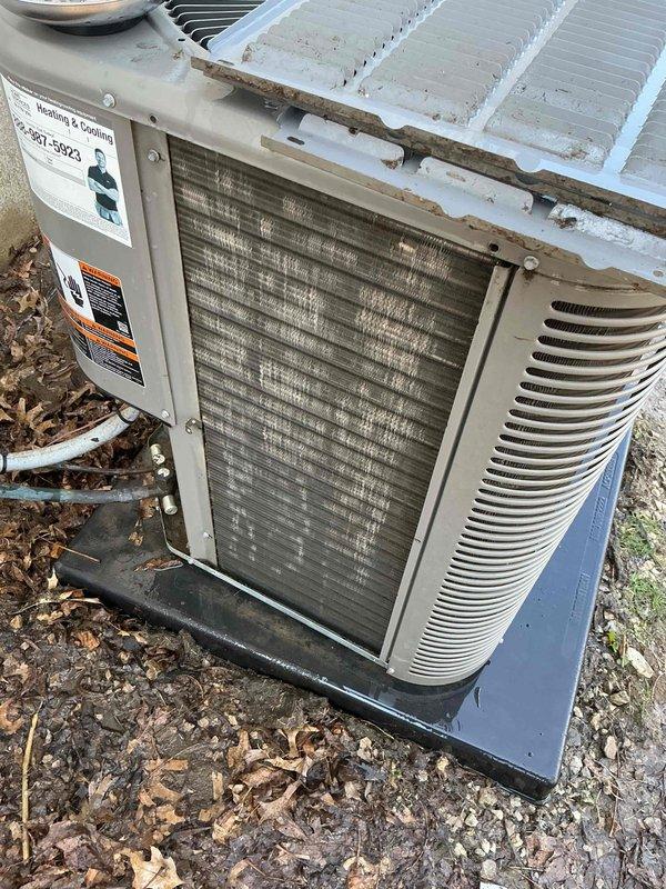 Completed cooling tune-up on 6-year-old outdoor AC unit located in backyard. Performed comprehensive system inspection, noting heavily soiled condenser coils with significant dirt and debris accumulation requiring cleaning for optimal heat transfer efficiency. Tested capacitor using clamp meter, verified electrical readings, and confirmed all system components operating within manufacturer specifications.