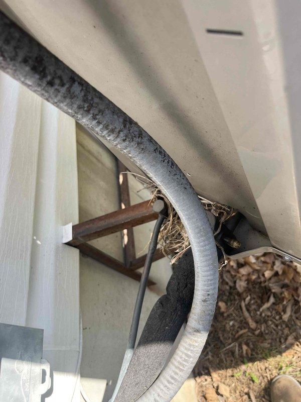 Responded to no cooling complaint on 15-year-old air conditioning system. Upon arrival, found unit running continuously but failing to produce cool air. Diagnostic testing with manifold gauges revealed abnormal temperature readings of 159°F and 147°F, indicating severely restricted airflow across the condenser coil. Inspection of outdoor unit uncovered significant blockage caused by bird nesting material lodged in and around the condenser coil fins and adjacent drainage piping. The accumulated debris consisting of twigs, straw, and dried plant matter was restricting proper heat exchange and preventing adequate refrigerant condensing. Removed all nesting material from condenser unit and surrounding area. Cleaned condenser coil fins to restore proper airflow. System tested after cleaning showed improved performance and proper cooling operation restored.