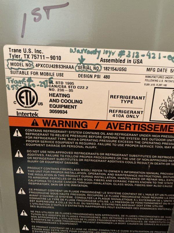 Completed preventative maintenance tune-up on a Trane 4PXCCU42BS3HAAA cooling system (under 10 years old, serial #18215A/G5G) located in side yard. Performed comprehensive inspection of unit components, verified proper refrigerant charge of R-410A, checked electrical connections and controls, inspected and cleaned air filter which was found in acceptable condition, and confirmed system operation within manufacturer specifications.