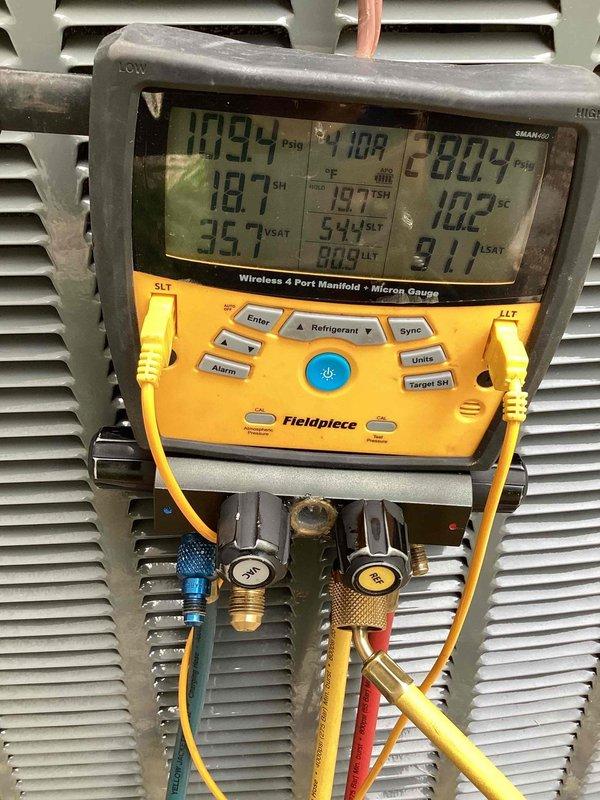 Responded to callback for kinked suction line repair on residential HVAC system. Located and assessed damaged suction line section that was restricting refrigerant flow. Straightened kinked portion of suction line and verified proper refrigerant flow restoration. Connected digital manifold gauges to system and performed comprehensive pressure and temperature diagnostics across all measurement points. Verified proper superheat readings and confirmed system pressures returned to manufacturer specifications. Inspected condensate drainage system and confirmed proper operation with no blockages. System tested in cooling mode with all parameters within normal operating range. Unit left operating efficiently with restored refrigerant flow and proper system performance.