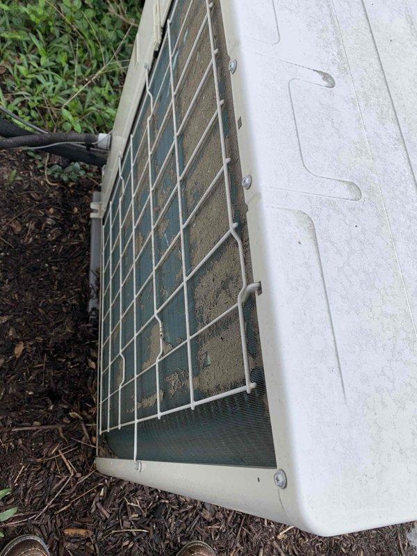 Replaced defective flue tee on HVAC system using 5x4x42ft 4" pipe and 4" elbow to restore proper venting. Completed comprehensive heat and cool maintenance on system, including inspection of outdoor condenser unit which showed moderate dirt and debris accumulation on protective grille and coils. Removed and disposed of failed flue tee component, installed new venting materials, and verified system operation in both heating and cooling modes.