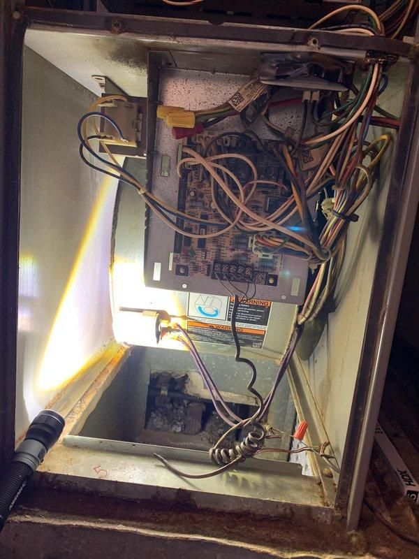 Completed cooling tune-up on Lennox outdoor unit (Model M1800HD70C36A) located in backyard. Performed comprehensive system inspection including electrical connections, refrigerant levels, condenser coil cleaning, and control board functionality verification. Unit operational with no major issues identified; noted exterior cabinet showing age-related corrosion consistent with 10+ year service life.