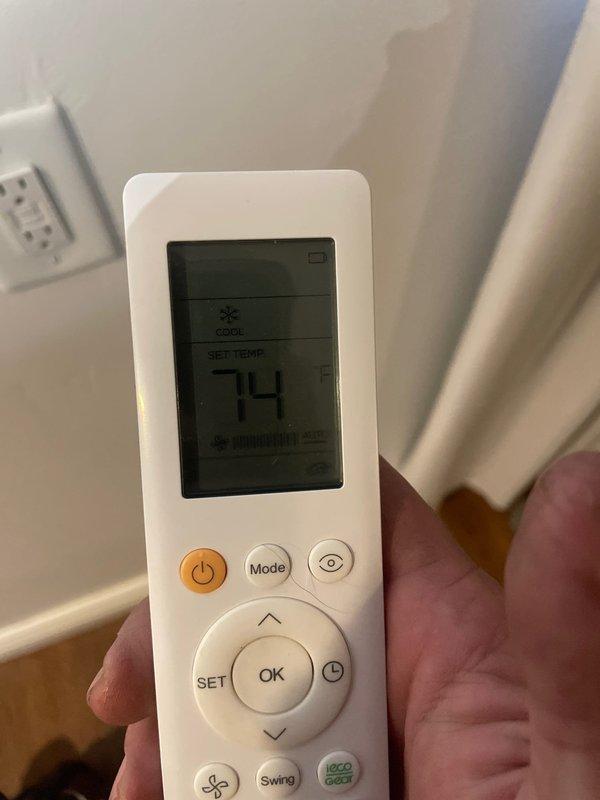 Responded to service call for ductless mini-split air conditioning system experiencing cooling issues. Performed diagnostic evaluation of 9-year-old unit, verified system operation, and confirmed thermostat functionality with remote control set to cooling mode at 74°F setpoint. System tested and operating within normal parameters upon completion of service visit.