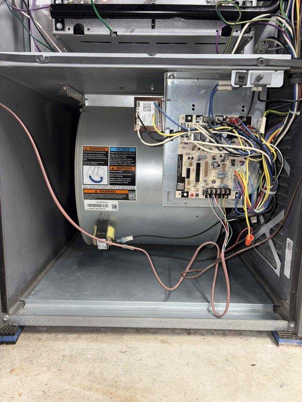 Completed comprehensive cooling maintenance on a 9-year-old air conditioning system. Performed standard tune-up procedures including inspection of indoor blower motor assembly, control board connections, and all electrical wiring. Verified proper operation of all internal components within the air handler cabinet. Inspected outdoor condenser unit and noted moderate accumulation of dirt and debris on aluminum fins, which may reduce efficiency if not addressed in future maintenance. All system components tested and confirmed operational at time of service completion.