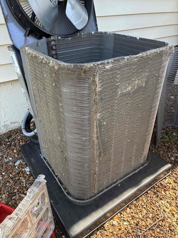 Completed comprehensive cooling maintenance tune-up on HVAC system. Performed standard preventative maintenance procedures including inspection of outdoor condenser unit, which showed heavy accumulation of dirt and debris on coil fins, and indoor blower assembly with visible dust buildup on squirrel cage fan blades. System confirmed operational upon completion of service.