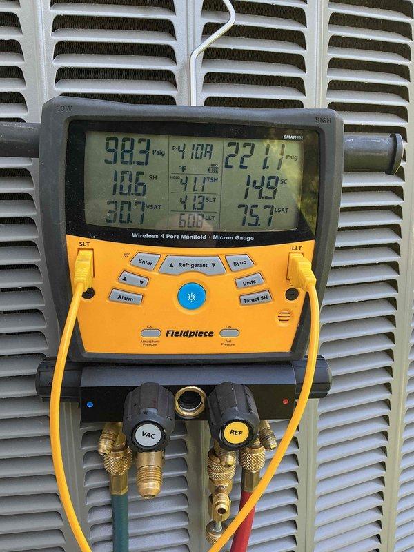 Completed comprehensive cooling maintenance and AC tune-up on 9-year-old air conditioning system. Performed system diagnostics using wireless 4-port manifold gauge to measure refrigerant pressures, superheat, subcooling, and saturation temperatures across all service ports. Inspected blower motor assembly, verified electrical connections, and confirmed all wiring and components are secure and functioning properly. System tested and operating within normal parameters.