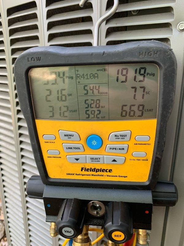 Completed preventative maintenance tune-ups on two 2021 AC units located at ground level on side of home. Performed standard cooling season inspections including refrigerant charge verification using digital manifold gauges, which showed system pressures and superheat/subcooling within manufacturer specifications. Inspected ductwork insulation integrity and confirmed proper sealing of all connections to maintain system efficiency.