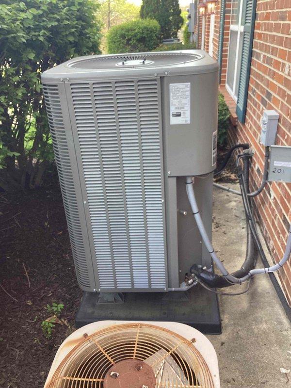 Completed comprehensive cooling tune-up on 13-year-old ground-mounted AC condenser unit. Performed standard maintenance protocol including refrigerant pressure and temperature diagnostics using digital manifold gauges, verified system operating parameters within manufacturer specifications, and documented unit condition with photographic records. All components inspected and system confirmed operational for continued cooling season performance.