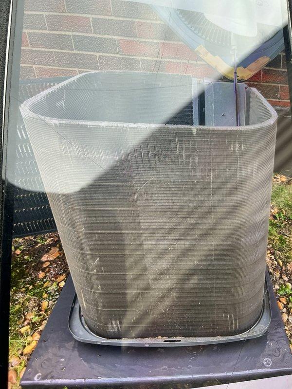 Completed preventive maintenance tune-up on a 7-year-old Goodman outdoor condensing unit, model F58091310. Inspected and replaced 16x25 HDX air filter, verified system operation with no accessories present, and documented equipment condition through photographic records showing both indoor filter replacement and outdoor unit inspection.