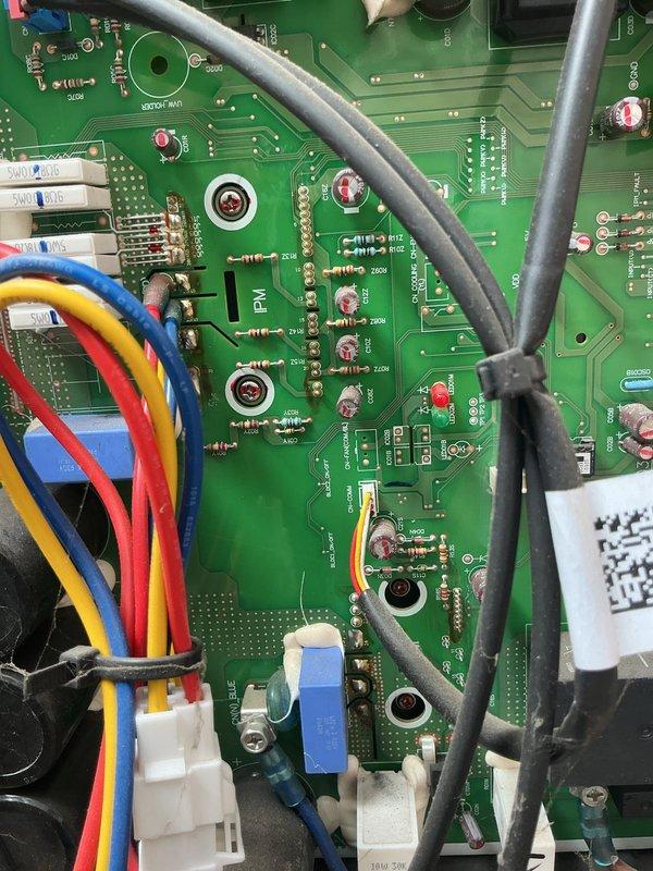 Responded to no cooling complaint on outdoor unit U10 located at side of home. Upon arrival, diagnosed OV converter error on main control board causing system to shut down and fail to produce cool air. Accessed unit exterior panel and performed diagnostic testing on circuit board and electrical connections. Identified faulty inverter control board as root cause of system failure. Replaced defective PCB with new control board, reconnected all wire harnesses including power, communication, and sensor connections. Verified proper voltage readings, tested system operation through full cooling cycle, and confirmed unit now operating normally with proper airflow and cooling output restored.