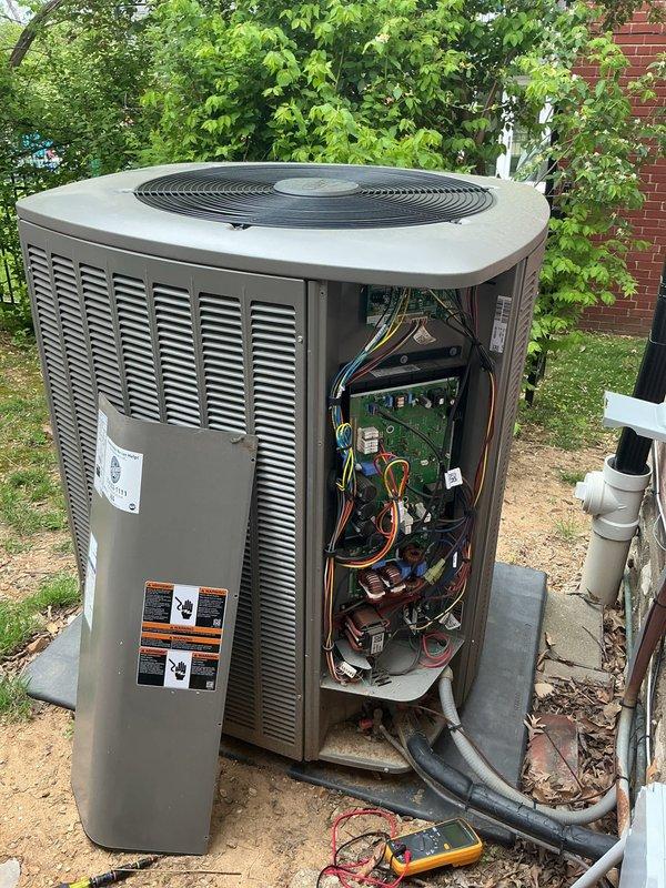 Responded to no cooling complaint on outdoor unit U10 located at side of home. Upon arrival, diagnosed OV converter error on main control board causing system to shut down and fail to produce cool air. Accessed unit exterior panel and performed diagnostic testing on circuit board and electrical connections. Identified faulty inverter control board as root cause of system failure. Replaced defective PCB with new control board, reconnected all wire harnesses including power, communication, and sensor connections. Verified proper voltage readings, tested system operation through full cooling cycle, and confirmed unit now operating normally with proper airflow and cooling output restored.