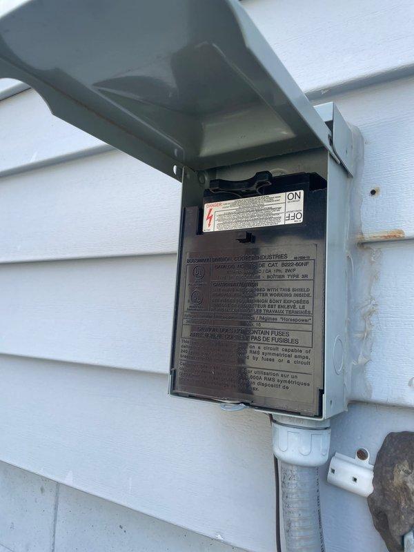 Replaced outdated 60-amp exterior disconnect with new 45-amp fused disconnect for HVAC system. Removed old unit, installed replacement disconnect box on exterior wall with proper conduit connections, and disposed of failed equipment. System tested and confirmed operational upon completion.