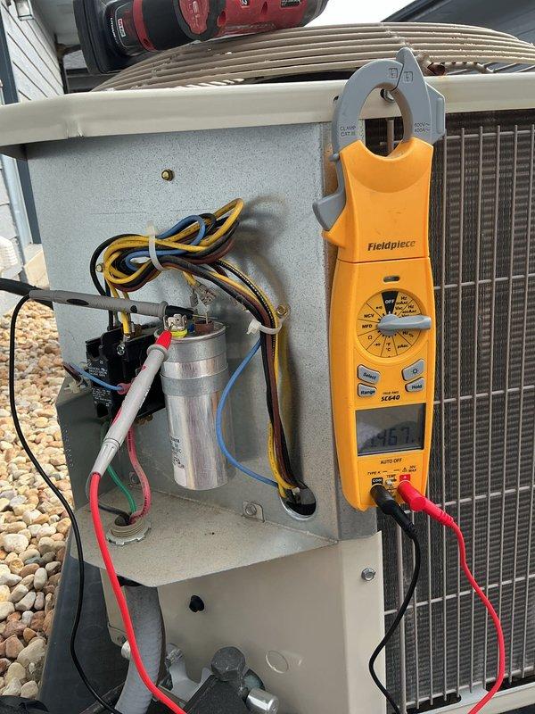 Responded to no cooling complaint on outdoor condensing unit U10. Upon arrival, system was running but not producing cool air. Performed electrical diagnostics using clamp meter to test amperage and voltage at capacitor and contactor. Identified failed capacitor preventing compressor from operating at proper capacity. Replaced defective dual-run capacitor, verified proper electrical connections, and tested contactor operation. Confirmed compressor amperage within manufacturer specifications and system returned to normal cooling operation.
