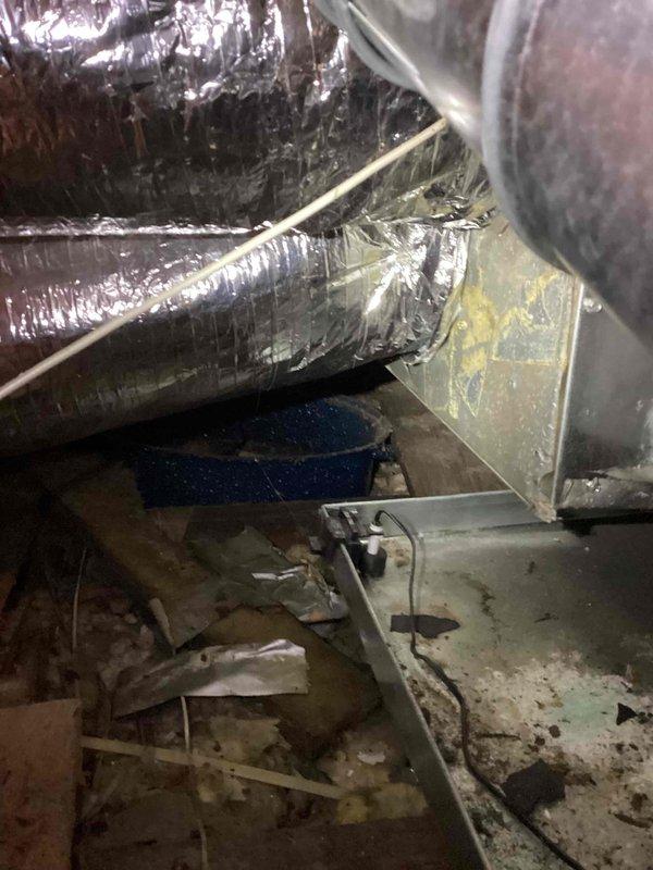 Responded to no-cool complaint and found clogged condensate drain line on attic-located Lennox air conditioning unit causing water overflow and resulting ceiling stains. Cleared drain line obstruction, verified proper drainage flow, and tested system operation to confirm cooling function restored. Downstairs unit inspected and found operating normally with no issues detected.