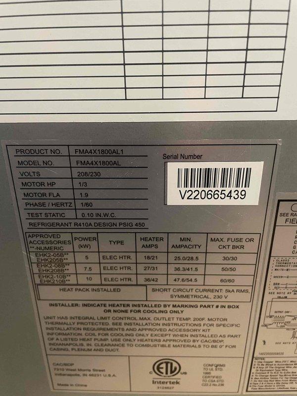 Responded to no cooling call with reported indoor fan not blowing on U10 system located in closet. Upon inspection, accessed blower compartment and identified issue with blower motor assembly on Goodman FMAX1800AL1 unit (208/230V, 1/3 HP motor, R410A refrigerant). Photographed blower motor installation, electrical connections, and unit specifications for documentation. Evaluated motor operation, wiring connections including red, blue, and black wire bundles, and circuit breaker panel. Verified unit nameplate data and filter specifications (16"x20"x1"). System requires motor replacement or repair to restore proper indoor air circulation and cooling function.