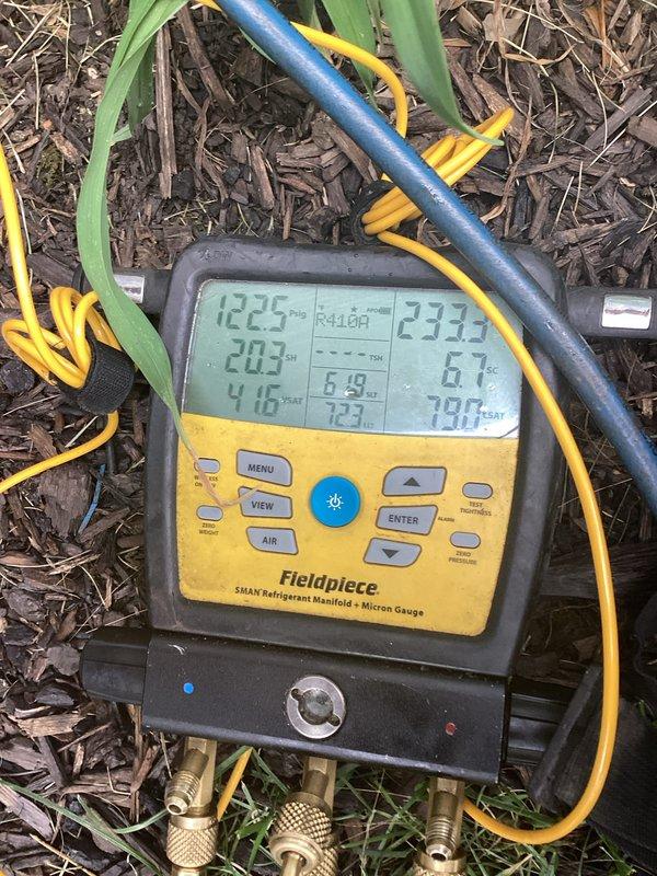 Performed preventive maintenance cooling tune-up on residential HVAC system. Conducted refrigerant system diagnostics using digital manifold gauges, measuring pressures and temperatures to verify proper system operation and charge levels. Replaced air filter with new pleated media filter to ensure optimal airflow and system efficiency.