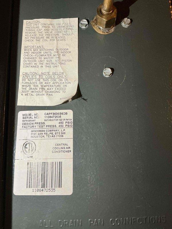 Responded to after-hours no cooling call on Goodman CAPF3636B6DB central air conditioning unit. Upon inspection, diagnosed failed dual run capacitor (TITAN PRO TRCFD455, 370VAC) preventing compressor operation. Replaced defective capacitor, verified proper electrical connections, tested system operation, and confirmed unit cooling properly before customer's extended travel departure.