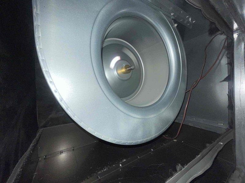 Completed comprehensive cooling maintenance on 2-year-old Lennox system. Inspected condenser coil fins which were found clean and properly aligned with no damage or debris accumulation. Verified blower assembly operation and inspected interior components including fan wheel, motor mount, and drain pan which showed normal condensation with no blockages or excessive wear. System tested and confirmed operating within normal parameters.