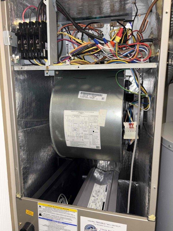 Completed comprehensive tune-up service on single AC unit located in second-floor laundry room area. Performed full system inspection including internal cabinet components, blower motor assembly, electrical connections, and control circuitry. Inspected and replaced air filter with new pleated media filter to ensure proper airflow and system efficiency.