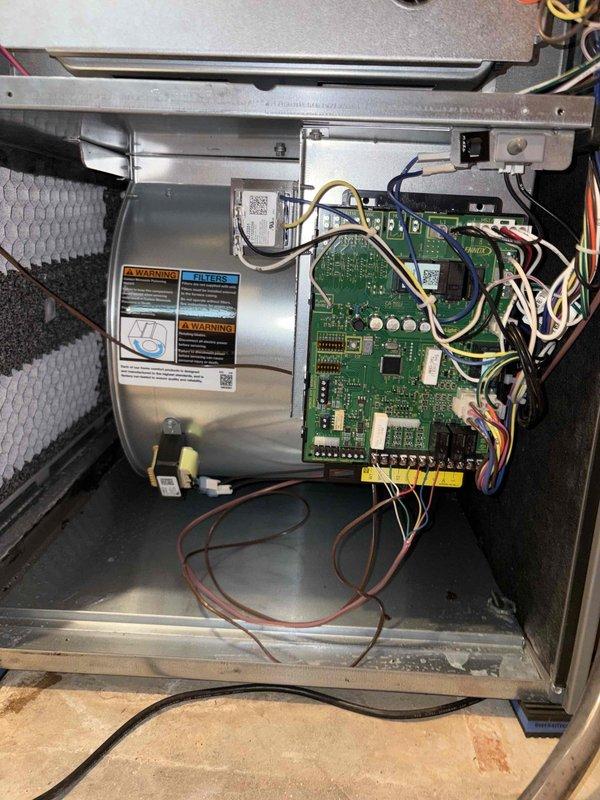 Completed comprehensive cooling maintenance on 9-year-old AC system. Performed full system inspection including control board examination, electrical connections verification, and blower motor assessment. Installed new air filter with clean pleated media and confirmed all components operating within normal parameters. System tested and functioning properly with no issues identified.