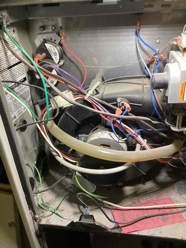 Responded to no cooling call on 16-year-old residential air conditioning system. Upon arrival, found outdoor unit running with visible frost formation on suction line, indicating restricted airflow or low refrigerant charge. Performed system diagnostics on Goodman FS4BF-036KA 3-ton unit and inspected indoor air handler components. Identified evaporator coil freezing due to restricted airflow caused by dirty filter and reduced system charge. Removed access panels, documented existing conditions with photos showing internal wiring, blower assembly, and condensate drainage system. Checked electrical connections, capacitor readings, and verified blower motor operation. Inspected outdoor unit nameplate data and refrigerant line connections. System required filter replacement and refrigerant charge adjustment to restore proper cooling operation.