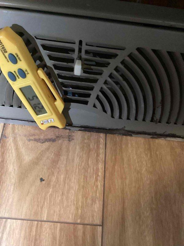 Responded to service call for air conditioning system continuously running without cycling off. Performed diagnostic evaluation on 10+ year old outdoor unit using digital manifold gauges and temperature probes. Measured system pressures, superheat, and subcooling at evaporator coil to assess refrigerant charge and compressor operation. Identified thermostat control issue preventing proper system shutdown. Documented system conditions with temperature differentials and pressure readings across both high and low side of refrigeration circuit.