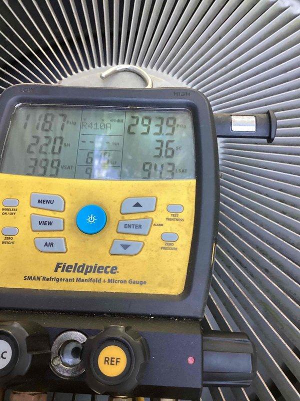Responded to service call for air conditioning system continuously running without cycling off. Performed diagnostic evaluation on 10+ year old outdoor unit using digital manifold gauges and temperature probes. Measured system pressures, superheat, and subcooling at evaporator coil to assess refrigerant charge and compressor operation. Identified thermostat control issue preventing proper system shutdown. Documented system conditions with temperature differentials and pressure readings across both high and low side of refrigeration circuit.