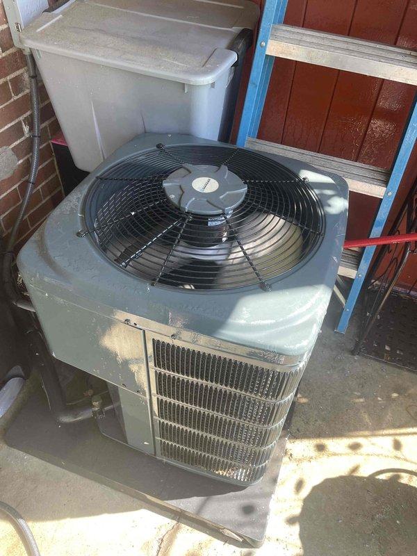 Completed comprehensive cooling system tune-up on a 10+ year old outdoor condenser unit and air handler. Performed standard maintenance protocol including filter replacement (installed new 3M 16x20x1 filter dated 03-31-26), inspected refrigerant lines and electrical connections, cleaned condenser coils, and verified proper system operation. Unit showed normal wear consistent with age but is functioning within acceptable parameters.