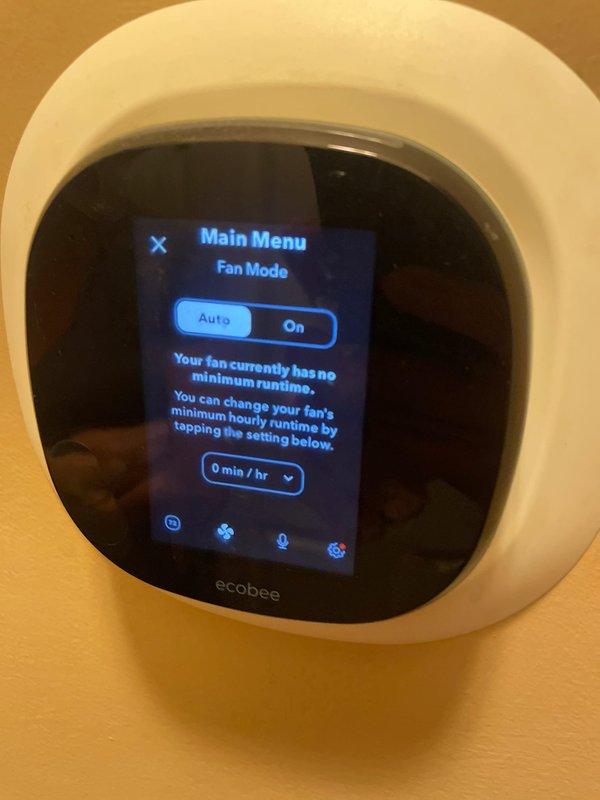 Responded to warranty call for continuous fan operation on single-zone system. Upon arrival, accessed ecobee smart thermostat settings and navigated to Fan Mode menu. Verified thermostat was programmed with minimum fan runtime setting causing blower to run continuously. Adjusted fan configuration from constant operation to "Auto" mode and set minimum runtime to 0 minutes per hour. Confirmed system now cycles properly with heating/cooling calls only. Unit operating as designed under normal parameters.