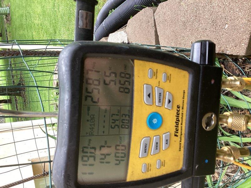 Responded to no cooling complaint on ground-level unit. Upon arrival, found system frozen and confirmed diagnosis with temperature readings using digital manifold gauge. Inspected 16x25x1 air filter and evaluated system components. Due to frozen condition requiring proper thaw time, rescheduled return visit for complete diagnosis and repair, and left O-ring kit on-site for upcoming service work.