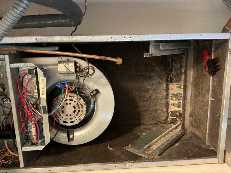 Replaced failed evaporator coil in air handler unit due to system malfunction. Removed old coil exhibiting significant dirt accumulation and corrosion, installed new replacement coil, and reconnected all refrigerant lines and electrical connections. Unit tested and restored to proper operation with adequate airflow and cooling capacity.