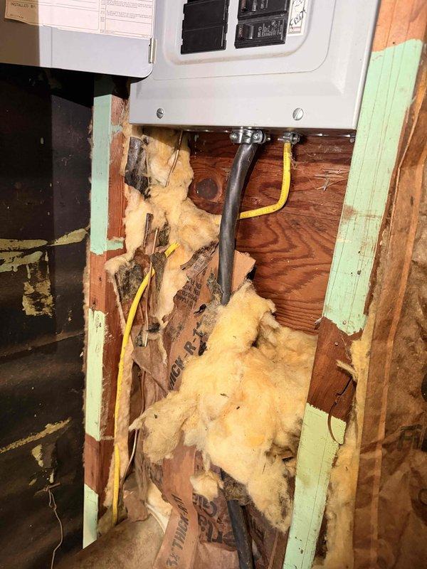 Performed comprehensive inspection of residential electrical panel and breaker box as requested. Upon arrival, accessed interior wall cavity where 100-amp load center is mounted on exposed wooden framing. Conducted visual examination of all circuit breakers, verifying proper seating and connection integrity within the two vertical bus bars. Inspected panel interior for signs of overheating, arcing, or damaged components—all breakers found to be functioning within normal parameters.

Assessed surrounding installation conditions, noting exposed wooden studs with evidence of previous water intrusion and deteriorated wall materials in vicinity of panel. Verified electrical conduits and wire routing below panel box, confirming secure connections and proper support. Examined panel door, load center circuit directory label, and overall enclosure integrity. All electrical components operating safely with no immediate hazards identified requiring emergency repair.