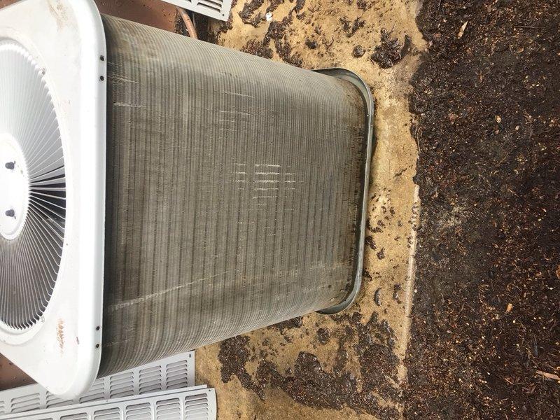 Completed preventive maintenance tune-up on a 31-year-old residential HVAC system for Home Depot service agreement. Inspected outdoor condensing unit, replaced 14x25x1 HDX air filter, and verified system operation with no accessories present on unit.