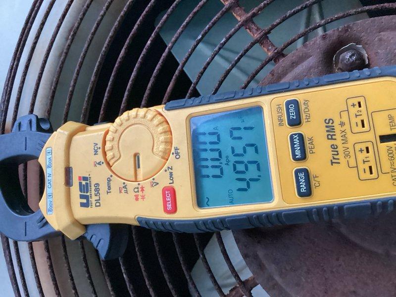Completed comprehensive cooling tune-up maintenance on two outdoor AC units. Performed standard diagnostic testing including temperature differential measurements showing 100.3°F readings and amp draw verification at 44.9 amps on condenser fan motor, confirming both systems operating within normal parameters.