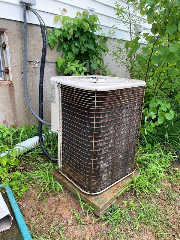 Completed comprehensive tune-up and maintenance service on single outdoor AC condenser unit located on ground-level concrete pad. Performed system diagnostics using digital manifold gauge, recording operating temperatures and pressures to verify proper refrigerant charge and system performance. Unit exterior showed significant dirt accumulation on coil fins and cabinet; addressed vegetation overgrowth surrounding equipment that was restricting airflow and potentially impacting efficiency.