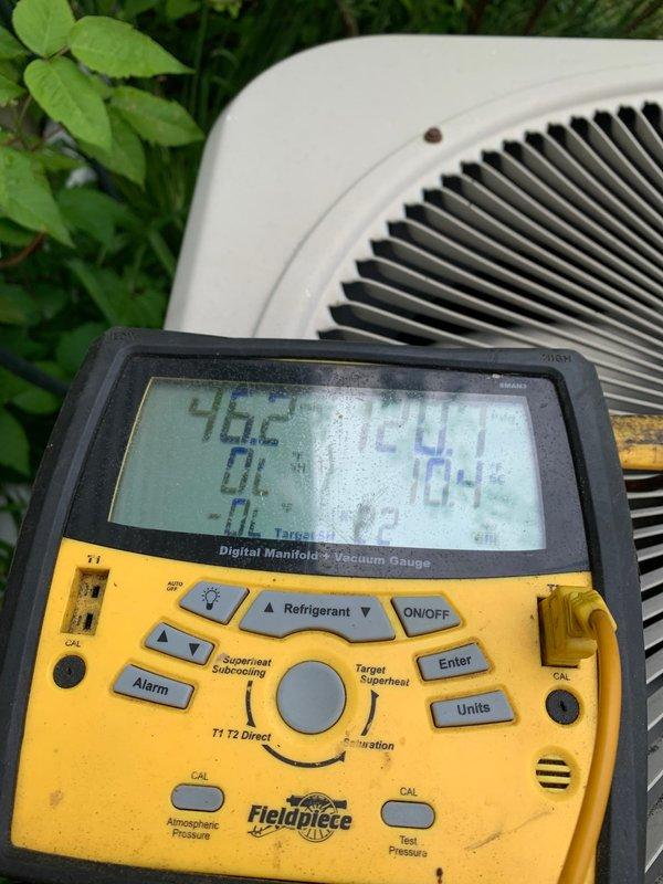 Completed comprehensive tune-up and maintenance service on single outdoor AC condenser unit located on ground-level concrete pad. Performed system diagnostics using digital manifold gauge, recording operating temperatures and pressures to verify proper refrigerant charge and system performance. Unit exterior showed significant dirt accumulation on coil fins and cabinet; addressed vegetation overgrowth surrounding equipment that was restricting airflow and potentially impacting efficiency.