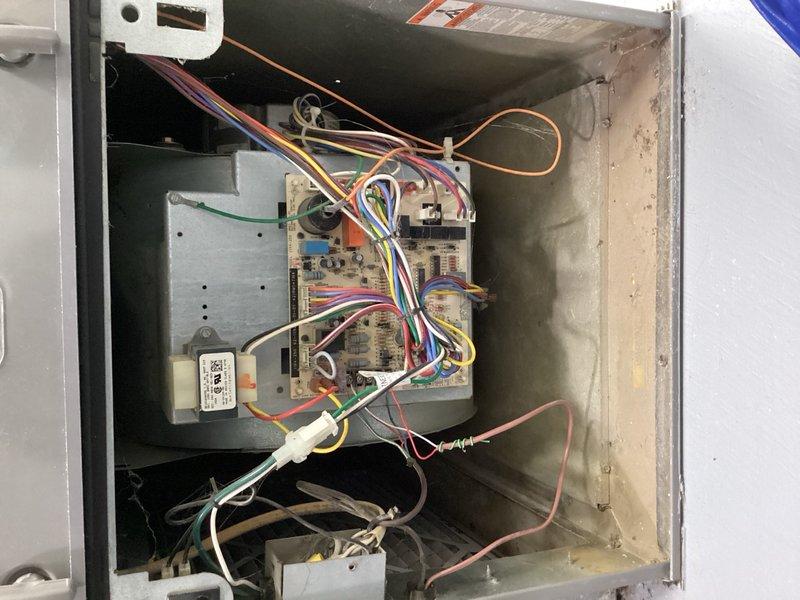 Completed comprehensive cooling maintenance tune-up on a 9-year-old air conditioning system. Upon inspection, discovered significant dust and debris accumulation on air handler filter media and intake surfaces, which was restricting airflow and reducing system efficiency. Cleaned or replaced filters, inspected electrical control compartment including control board connections and wiring, verified all wire terminations were secure, and checked transformer and capacitor operation. System tested and confirmed operational upon completion of maintenance procedures.