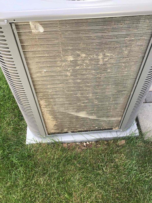 Completed preventive maintenance tune-up on outdoor condensing unit. Condenser coils exhibited heavy accumulation of dirt, dust, and environmental debris requiring thorough cleaning to restore proper airflow and heat transfer efficiency. Inspected electrical components, control boards, and wiring connections within the unit, verifying all connections were secure and system controls were functioning properly.