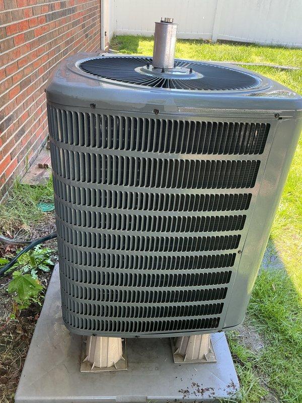 Completed preventive maintenance tune-up on residential split system air conditioning unit per manufacturer specifications. Performed comprehensive inspection of outdoor condenser unit including compressor operation, fan motor function, electrical connections, and refrigerant line integrity. Verified proper airflow through condenser coil fins, checked unit leveling on pad, and confirmed secure mounting. Inspected indoor air handler components, including blower assembly, wiring connections, and control board operation. All system components found operating within normal parameters with no deficiencies noted.