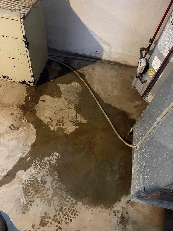 Responded to service call for water leaking in furnace located in basement. Upon arrival, found significant water pooling on concrete floor around HVAC system and air handler unit. Inspected furnace, air handler, and associated components including refrigerant lines and condensate drainage system. Documented existing water damage with visible standing water, mineral deposits, and efflorescence on floor surface. Identified source of water intrusion and assessed condition of equipment including water heater and HVAC infrastructure in utility area.