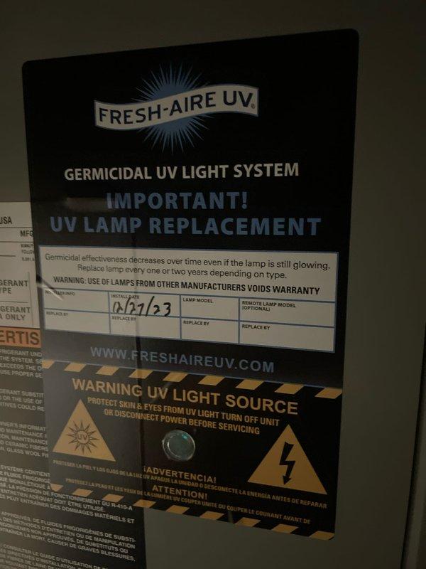 Completed comprehensive cooling season tune-up on 8-year-old ground-level AC unit located at side of house. Performed standard U10 maintenance protocol including system inspection, operational testing, and preventive maintenance tasks. Renewed preventive maintenance agreement at time of visit and documented UV germicidal light system with lamp replacement date of 12/27/23, along with available replacement air filters on-site.
