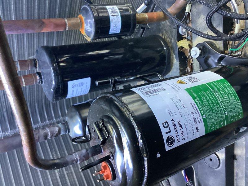 Replaced failed compressor under warranty on HVAC system. New compressor S/N 5824J06064 was shipped from Lennox and installed with assistance due to weight requirements. Failed compressor was retained per warranty protocol, and system was restored to operational status for heating and cooling functions.