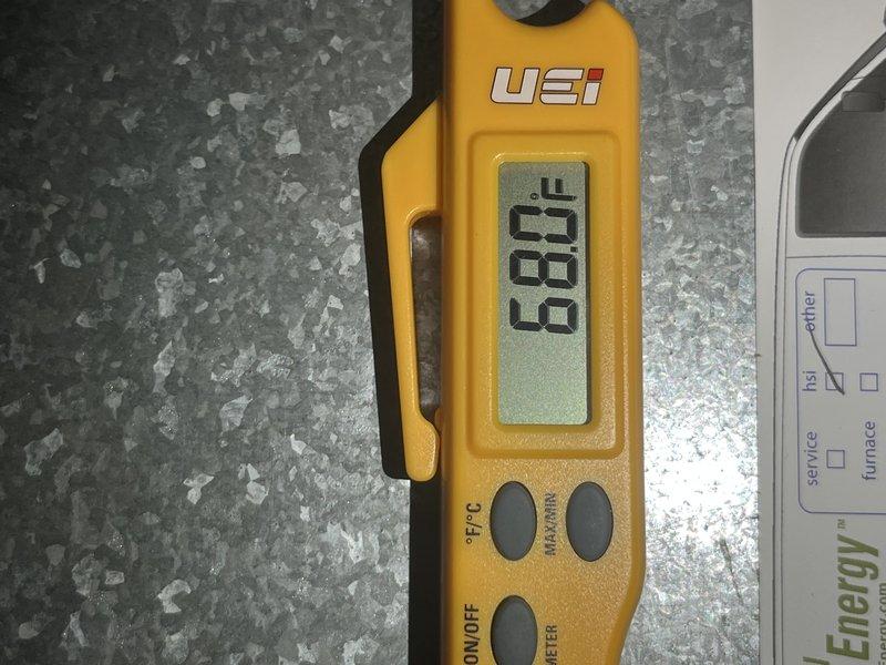 Completed comprehensive cooling maintenance inspection on HVAC system. Performed temperature diagnostics using digital meter, recording supply air temperature of 169°F and return air temperature of 68°F, confirming proper system operation and adequate temperature differential. Documented equipment conditions with photographs for service records.