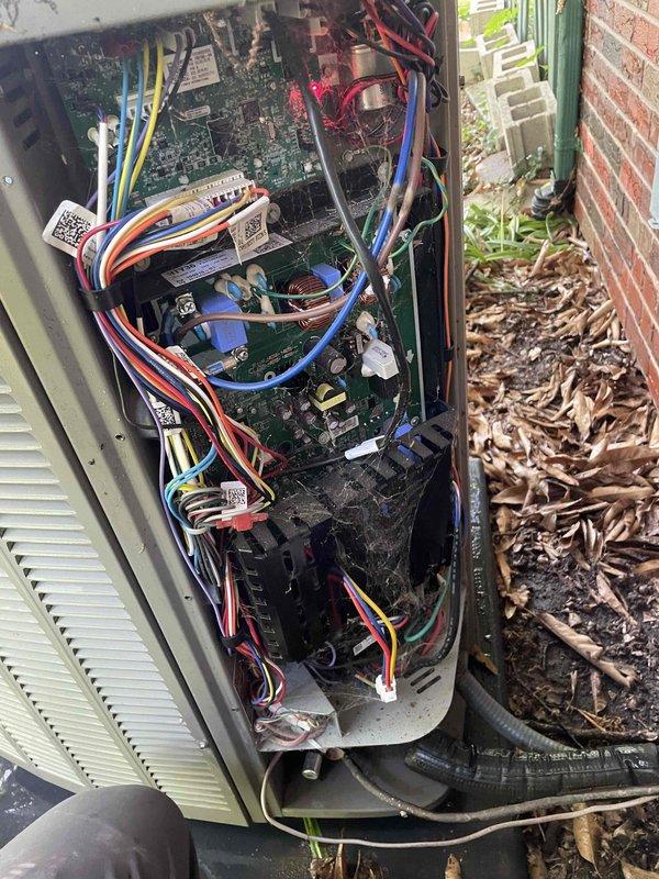 Completed preventive maintenance tune-up on two 3-year-old Trane cooling systems, one located outside and one in the attic. Performed comprehensive inspection of both units including electrical connections, circuit boards, capacitors, and wiring harnesses. Cleaned condenser coils on outdoor unit which showed significant dirt accumulation, algae growth, and clogged fins affecting airflow and efficiency. Verified proper operation of all components, checked refrigerant levels, and ensured both systems are functioning within manufacturer specifications for optimal cooling performance.