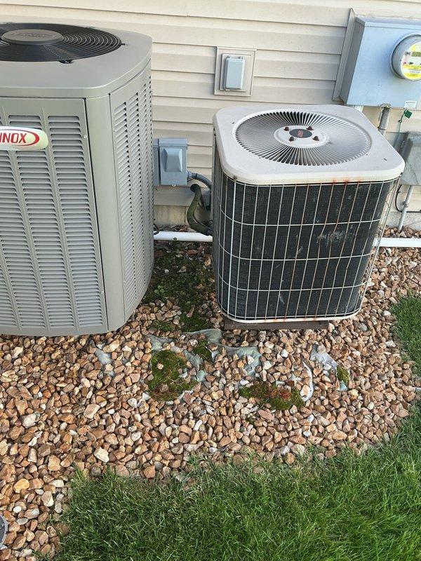 Responded to no cooling complaint on second floor unit over 10 years old. Upon arrival, found outdoor condensing unit with abnormally hot refrigerant lines and compressor running hot to touch, indicating potential refrigerant restriction or low charge condition. Performed diagnostic evaluation of Lennox system, inspected electrical connections at disconnect box, examined refrigerant line set routing and insulation integrity, and assessed condenser operation. Identified cooling system failure requiring further repair recommendations to restore proper operation and temperature control to second floor zone.