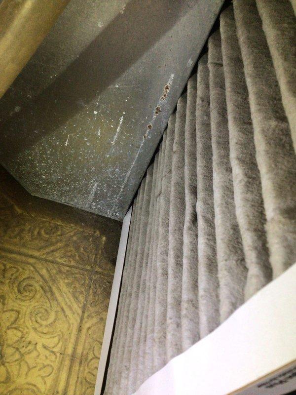 Completed cooling system tune-up on single outdoor AC unit. Inspected air filter which showed moderate dust accumulation, checked indoor air handling components with visible condensation on ductwork indicating normal operation, and examined outdoor condenser unit with fan grille and louvered panels showing minor weathering. All components operational and system running within normal parameters.