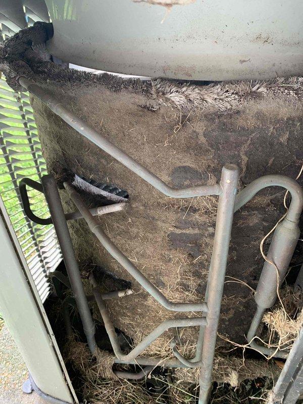 Responded to no cooling complaint on 10+ year old outdoor unit. Upon inspection, found condenser coil completely blocked with heavy accumulation of grass clippings, hay, and dried vegetation restricting airflow. Electrical compartment also contained significant debris, dirt buildup, and cobwebs throughout wiring connections. Removed all organic material from coil fins and internal components, cleaned electrical connections, and verified proper system operation with restored airflow and cooling capacity.