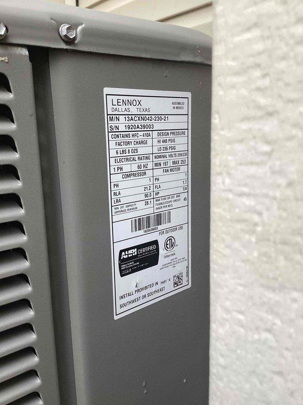 Completed comprehensive tune-up service on a Lennox 13ACXN042 split system air conditioning unit utilizing HFC-410A refrigerant. Performed standard preventive maintenance procedures including inspection of outdoor condensing unit and indoor furnace/air handler components, verified system operation, and documented equipment specifications and serial numbers for service records.