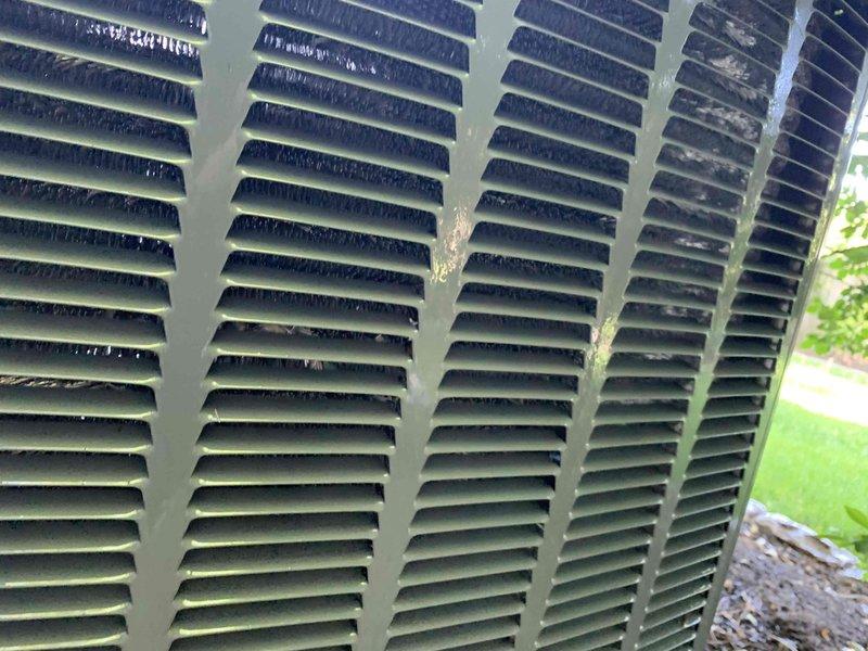 Completed comprehensive cooling maintenance on 8-year-old Trane system. Performed standard tune-up procedures including inspection of outdoor condenser unit, which showed accumulation of dirt, debris, and cobwebs on coil fins requiring cleaning. Verified system operational status and documented air filter specifications during service visit.