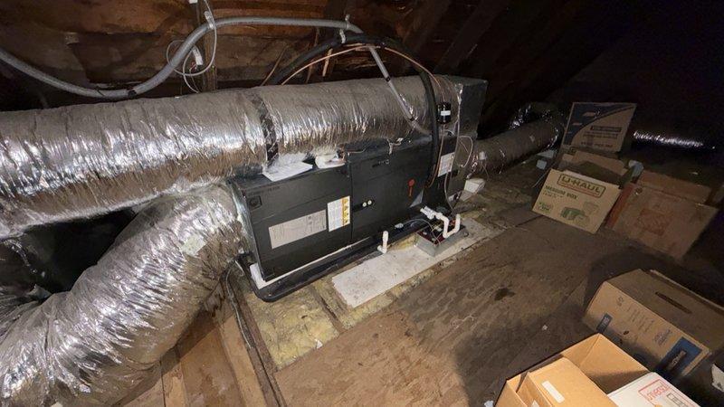Responded to callback for system evaluation of existing HVAC unit located in attic space. Performed visual inspection of equipment and ductwork connections, verified unit accessibility and condition of flexible duct runs, and documented current installation status with photographs for service records.